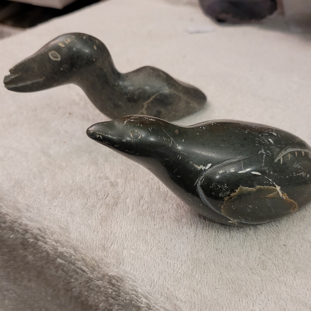 Vintage Inuit Eskimo Carved Soapstone Bird Figurines 1974 Signed Pair